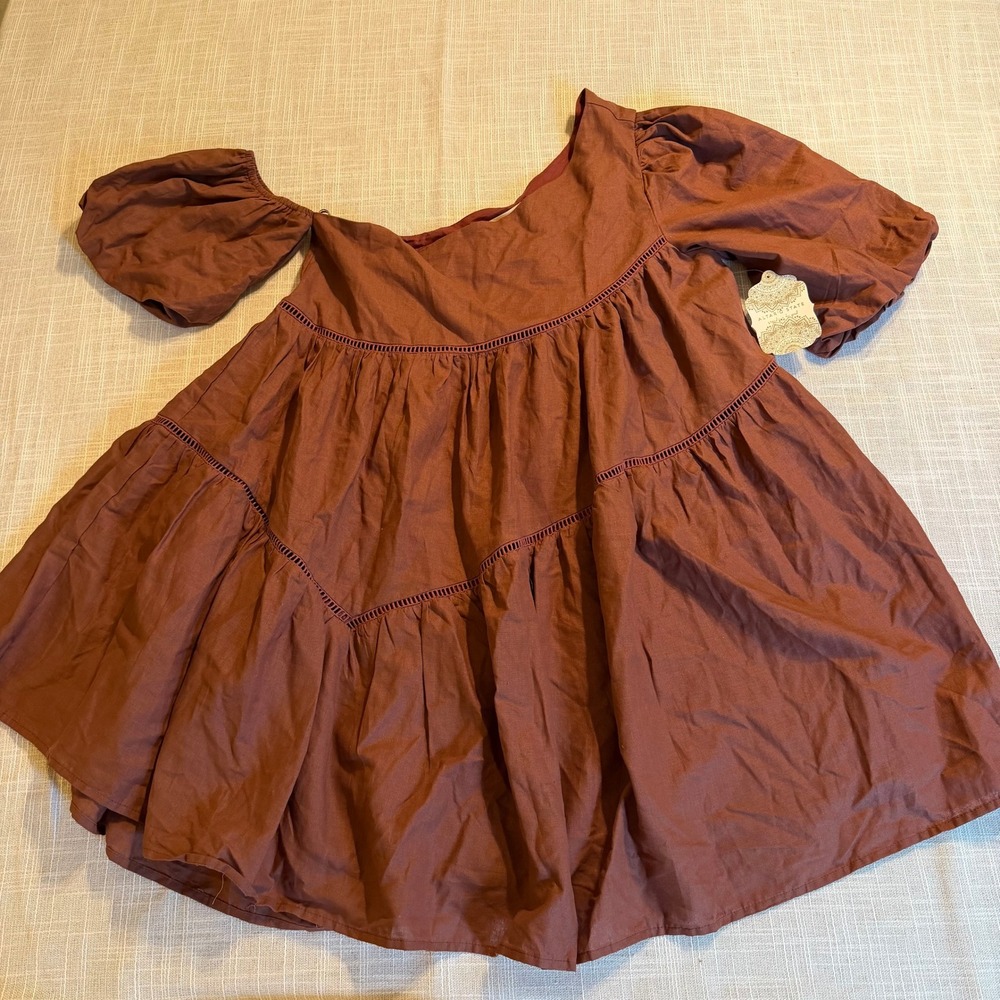 Altar'd State Brown Cotton Linen Tiered Babydoll Mini Dress Puff Sleeve BMD1466C